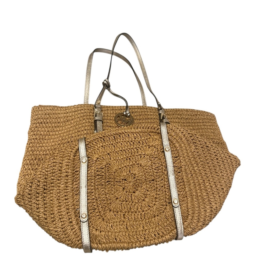 Michael Kors tan Woven straw Tote gold leather straps studded logo charm - Picture 6 of 11